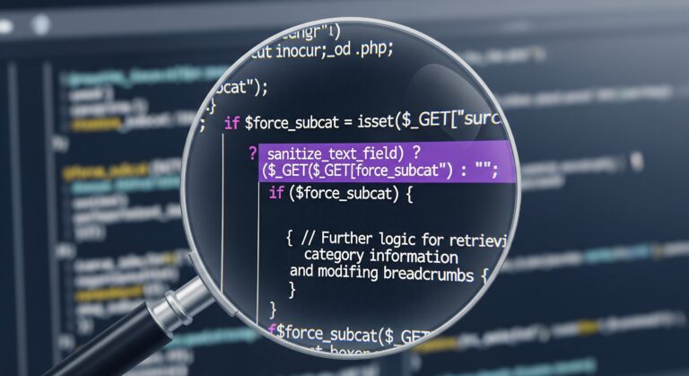 A magnifying glass enlarging a snippet of PHP code on a computer screen, symbolizing technical precision, attention to detail, and the debugging process in programming.