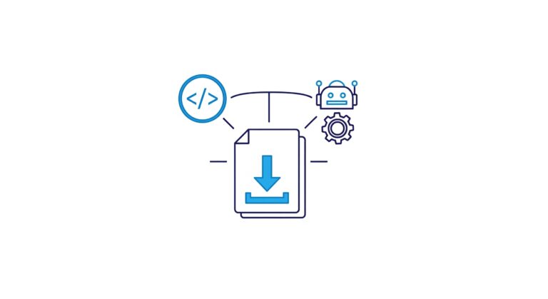 Obraz przedstawiający dokument z symbolem pobierania, symbol API oraz robota/trybika.