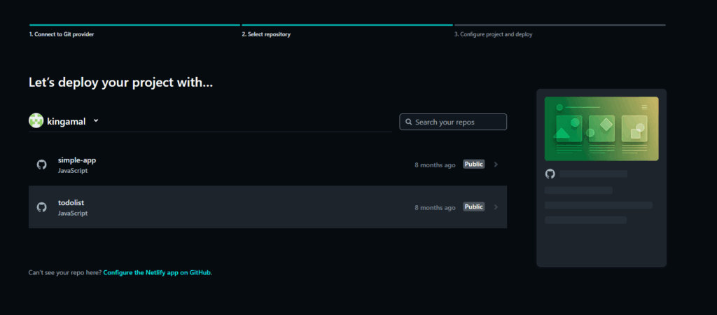 View for selecting a repository from your GitHub list