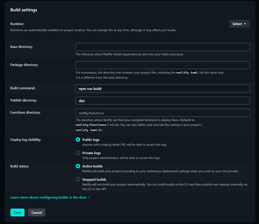 Deployment settings: build command (npm run build) and publish directory (dist)