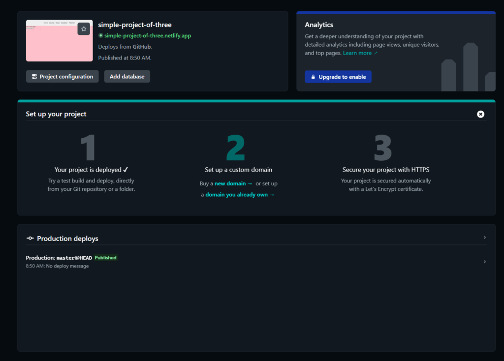 Project dashboard after a successful deployment with a green "Published" status and the site link