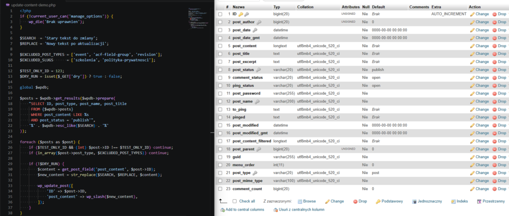 Skrypt PHP do masowej aktualizacji treści WordPress otwarty w VS Code obok widoku tabeli wp_posts w phpMyAdmin