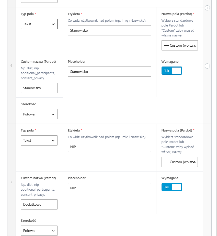 Form field configuration in the Custom Form ACF block in WordPress editor - marketing adds fields, picks type and maps to marketing automation system
