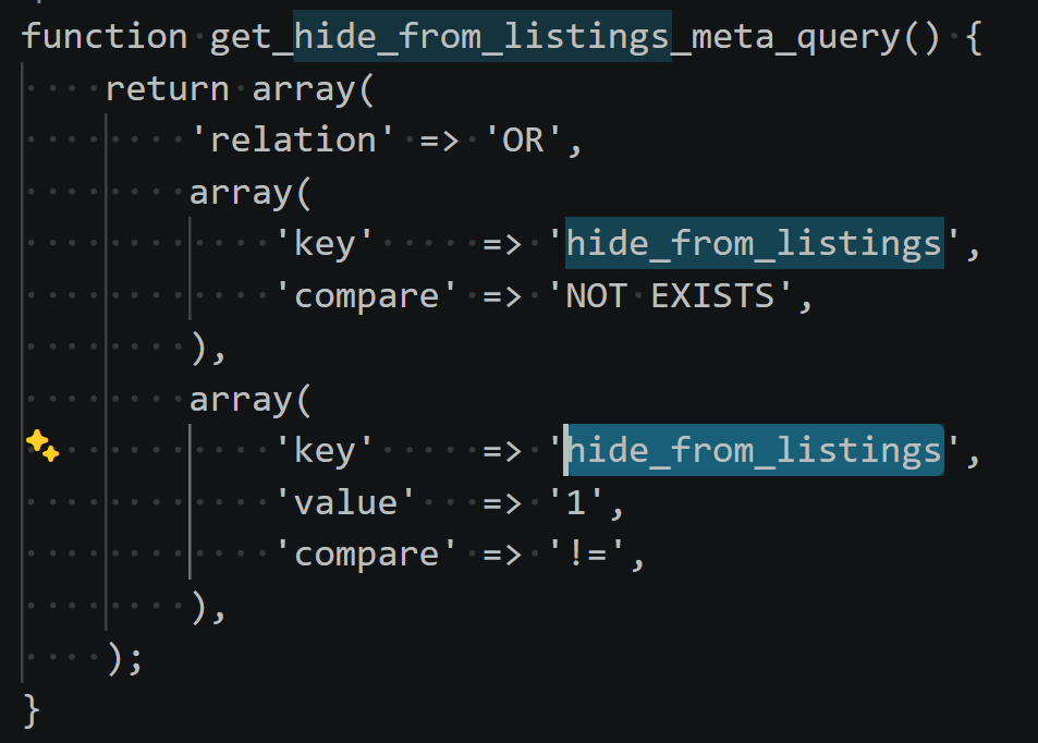 Helper function get_hide_from_listings_meta_query in PHP - returns meta_query with OR relation and NOT EXISTS conditions