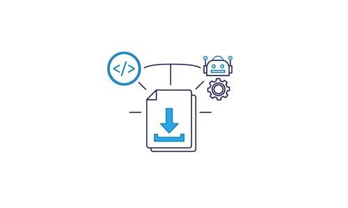 Obraz przedstawiający dokument z symbolem pobierania, symbol API oraz robota/trybika.