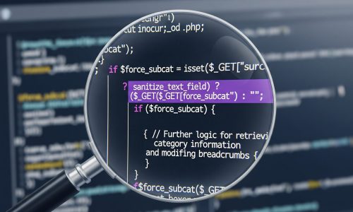 A magnifying glass enlarging a snippet of PHP code on a computer screen, symbolizing technical precision, attention to detail, and the debugging process in programming.